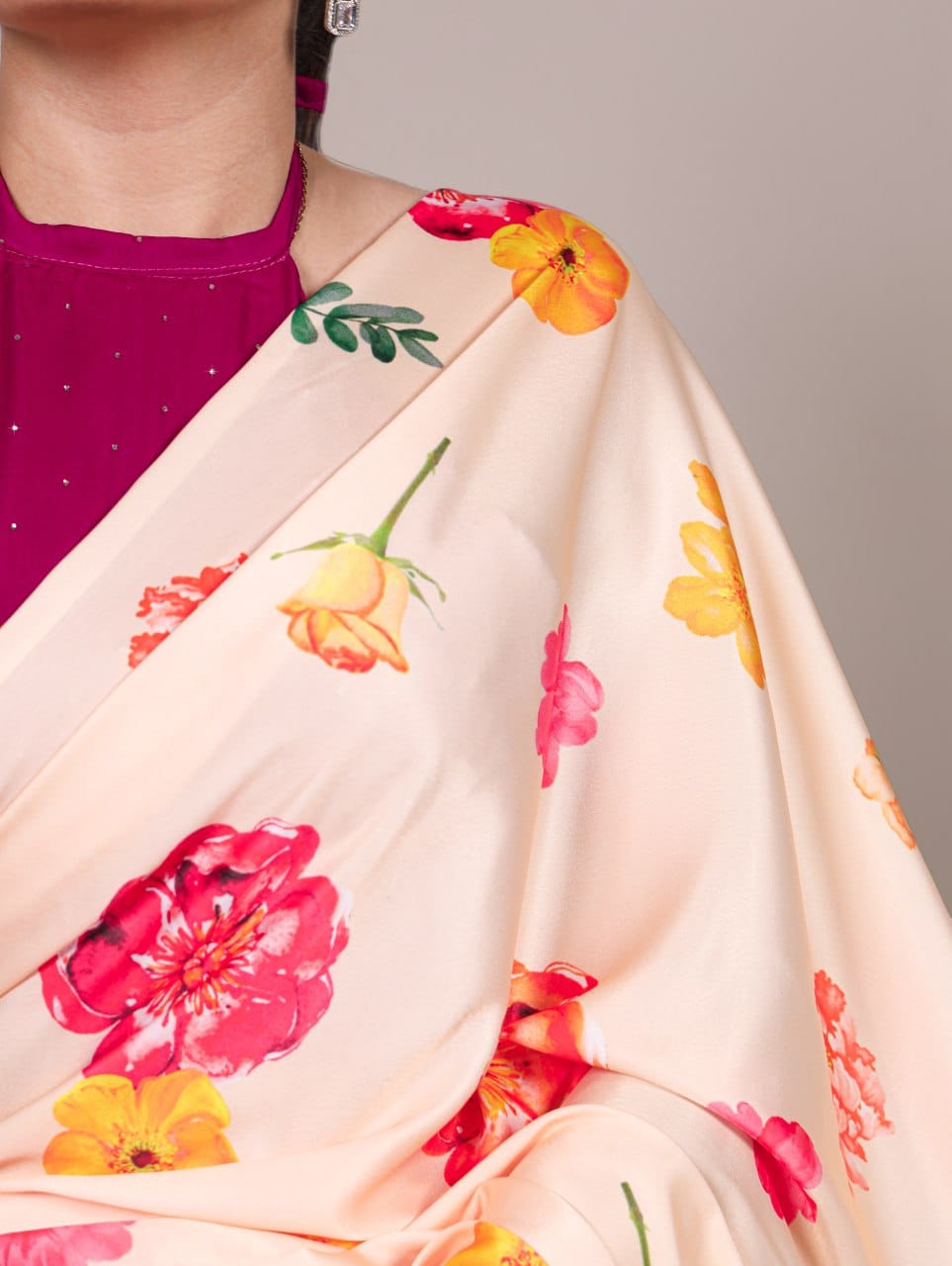 Satin Silk Printed Saree with Unstitched Blouse