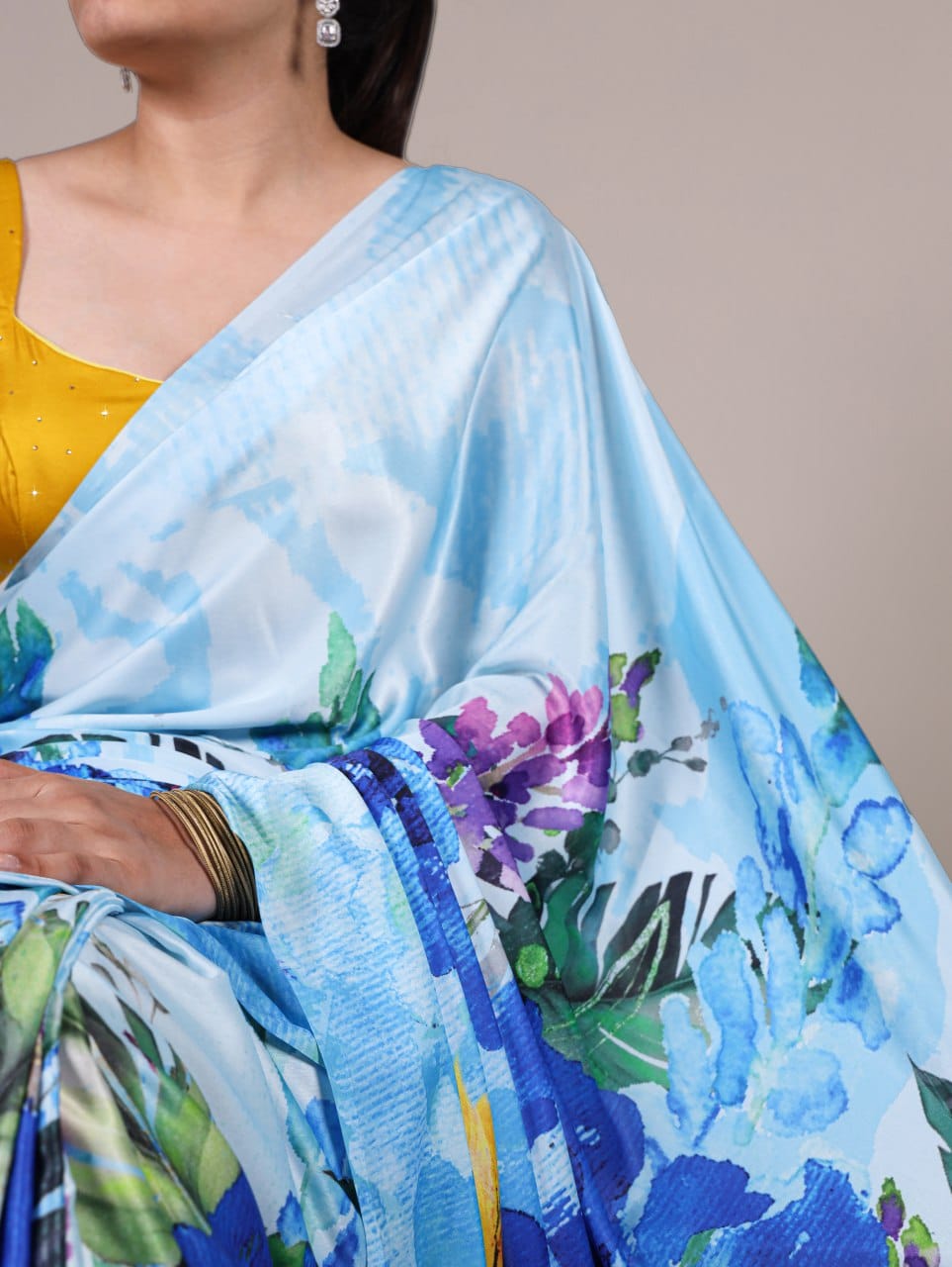 Satin Silk Printed Saree with Unstitched Blouse