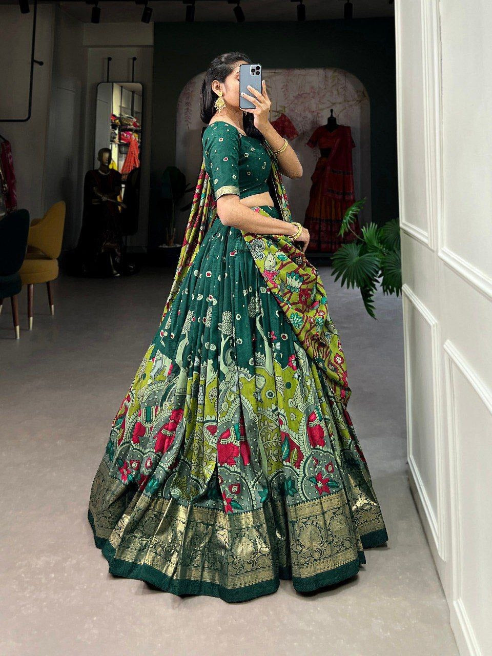 Floral Printed Dola Silk Stiched Lehenga with Unstitched Blouse And Dupatta
