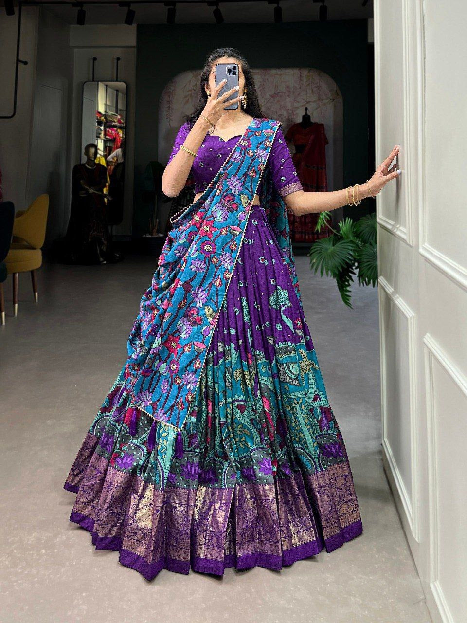 Floral Printed Dola Silk Stiched Lehenga with Unstitched Blouse And Dupatta