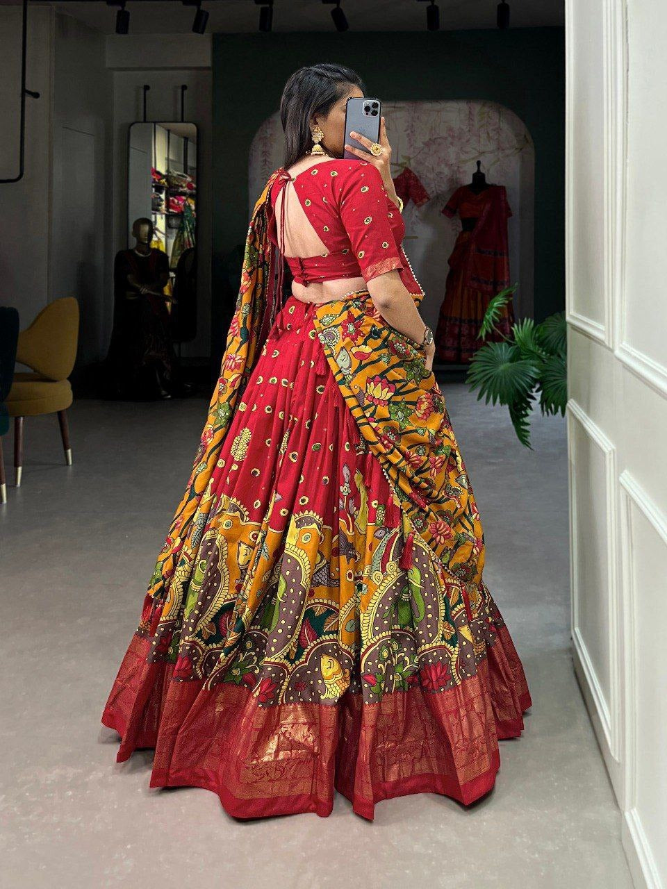 Floral Printed Dola Silk Stiched Lehenga with Unstitched Blouse And Dupatta