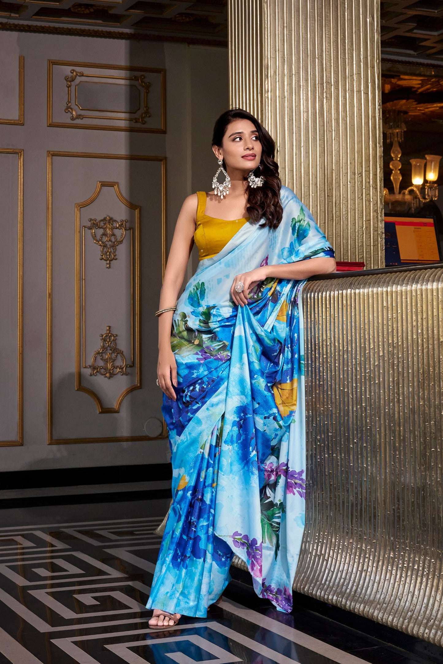 Satin Silk Printed Saree with Unstitched Blouse