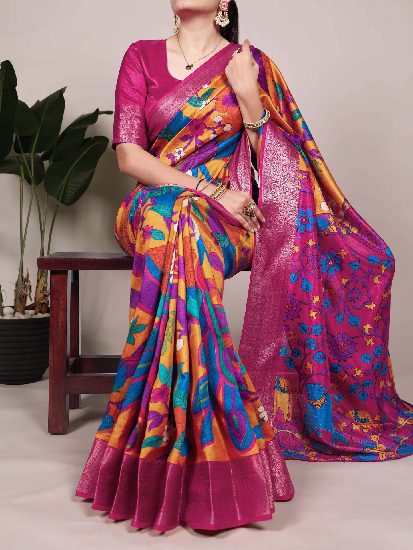 Tussar Silk Printed With Zari Weaving Work with Unstitched blouse