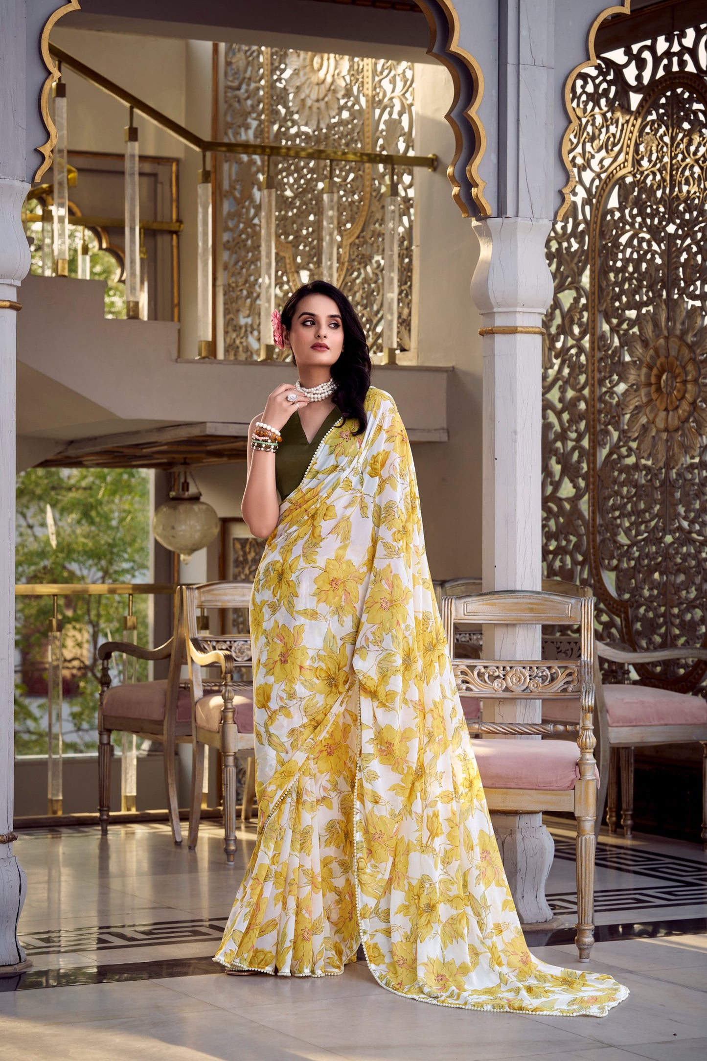Weightless Marbal Foral Print Saree With Pearl Lace Border with Unstitched Blouse