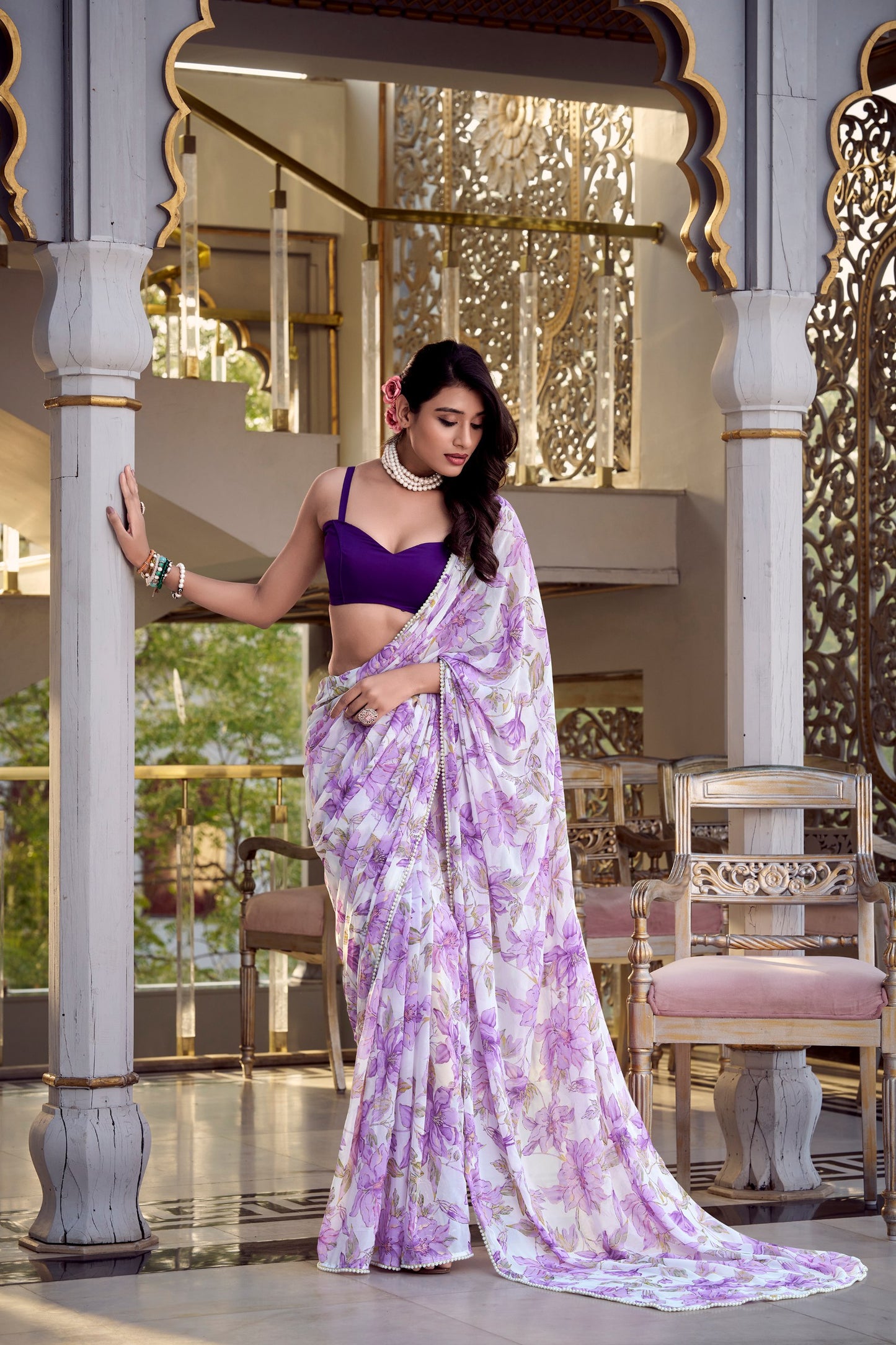 Weightless Marbal Foral Print Saree With Pearl Lace Border with Unstitched Blouse