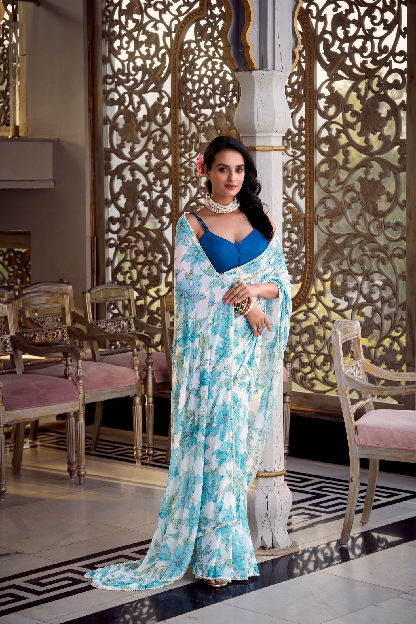 Weightless Marbal Foral Print Saree With Pearl Lace Border with Unstitched Blouse