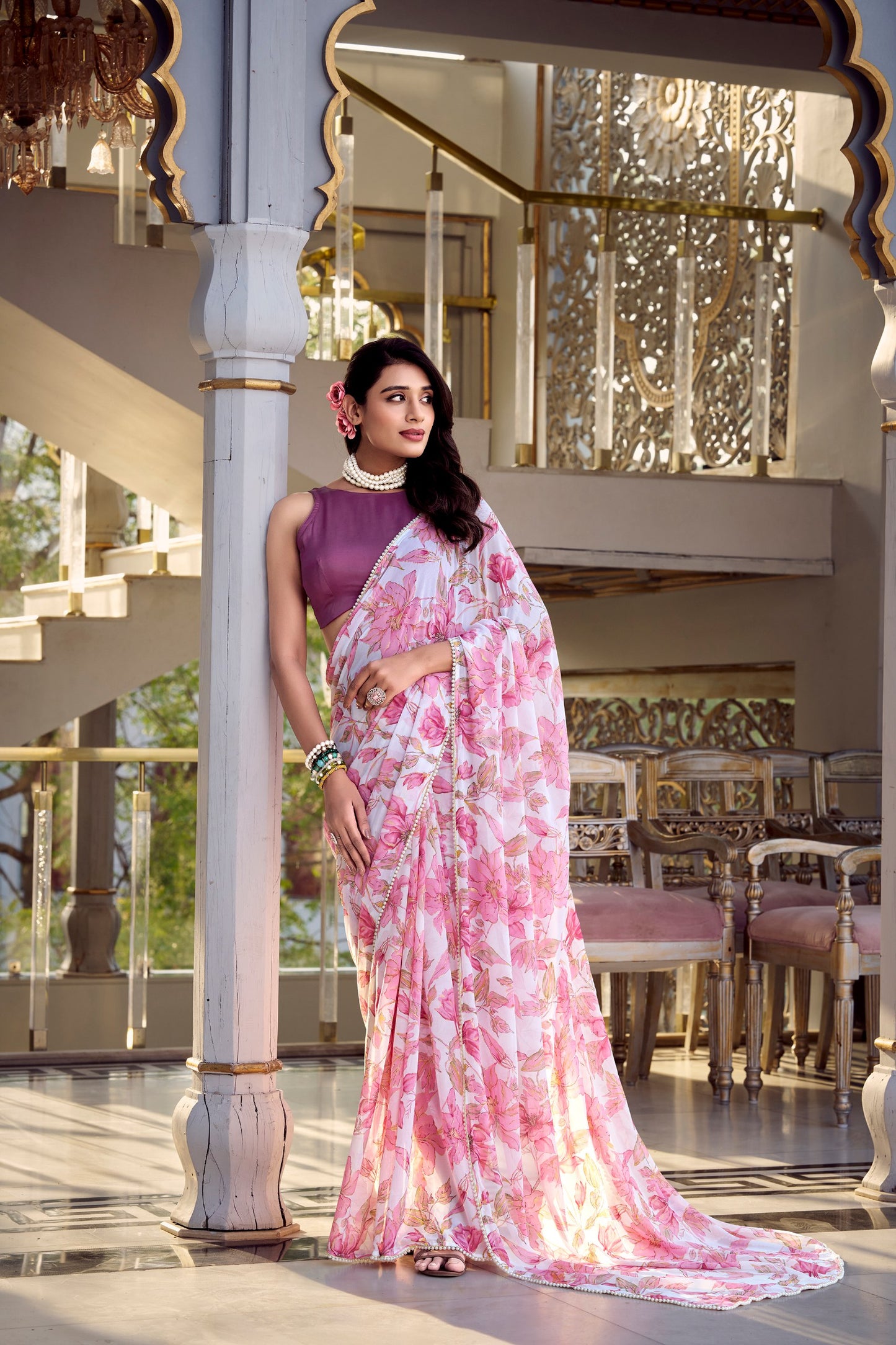 Weightless Marbal Foral Print Saree With Pearl Lace Border with Unstitched Blouse
