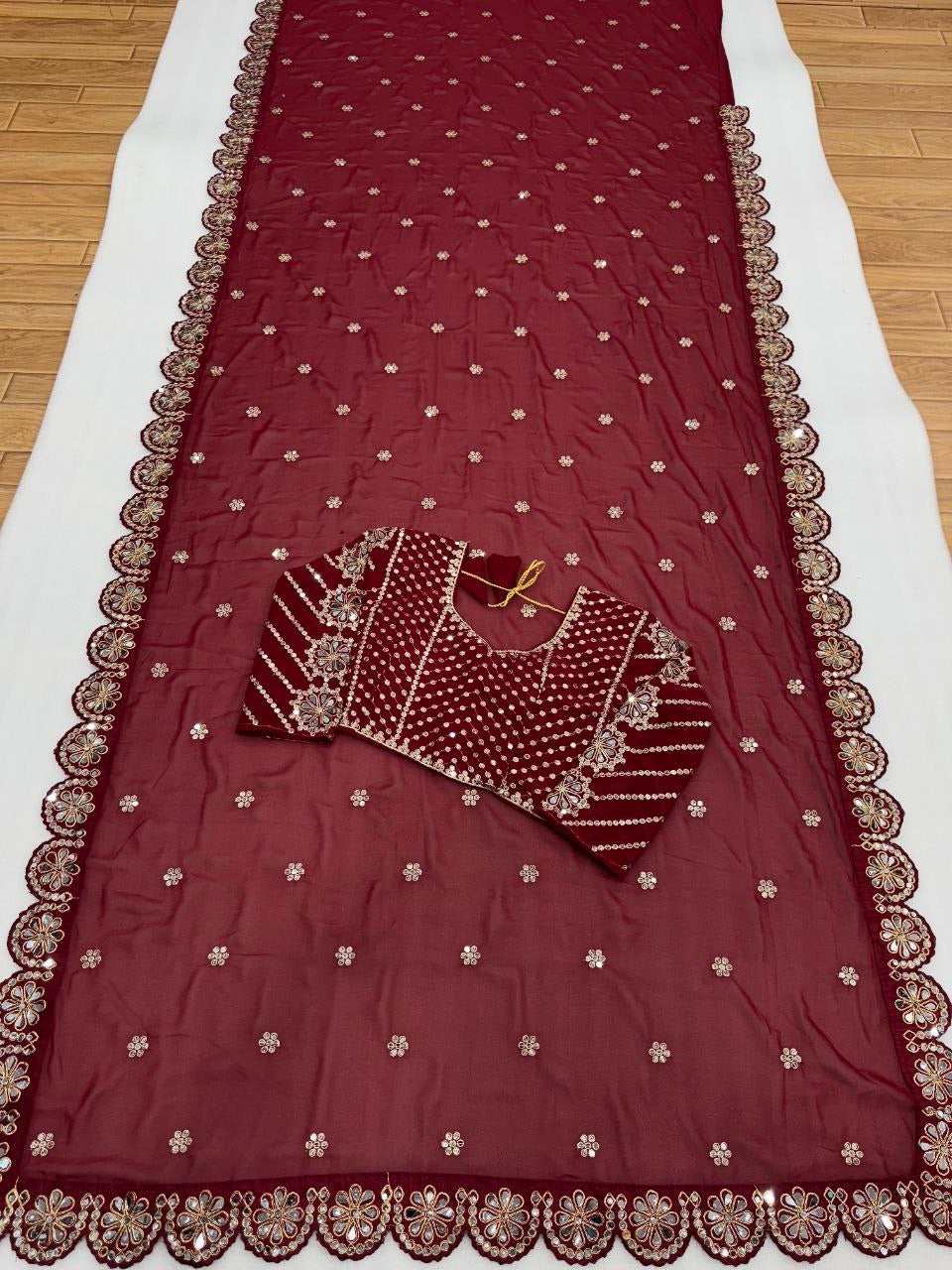 Faux Georgette Red Saree, Full of Original Mirror work with Stitched Blouse