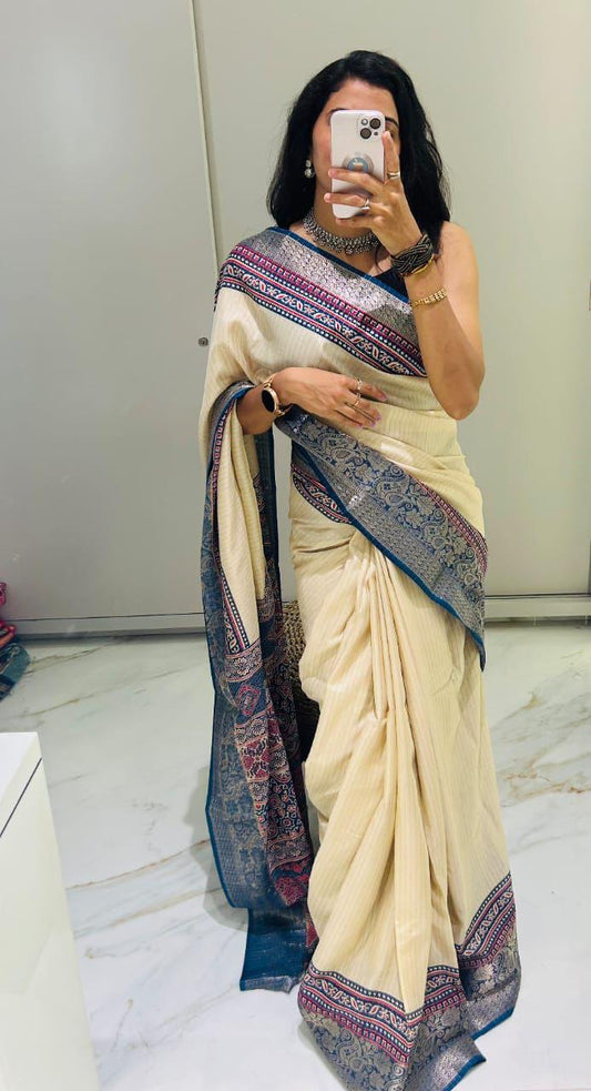 New Semi Gaji Ajrakh Silk Jari Saree with Unstitched Blouse