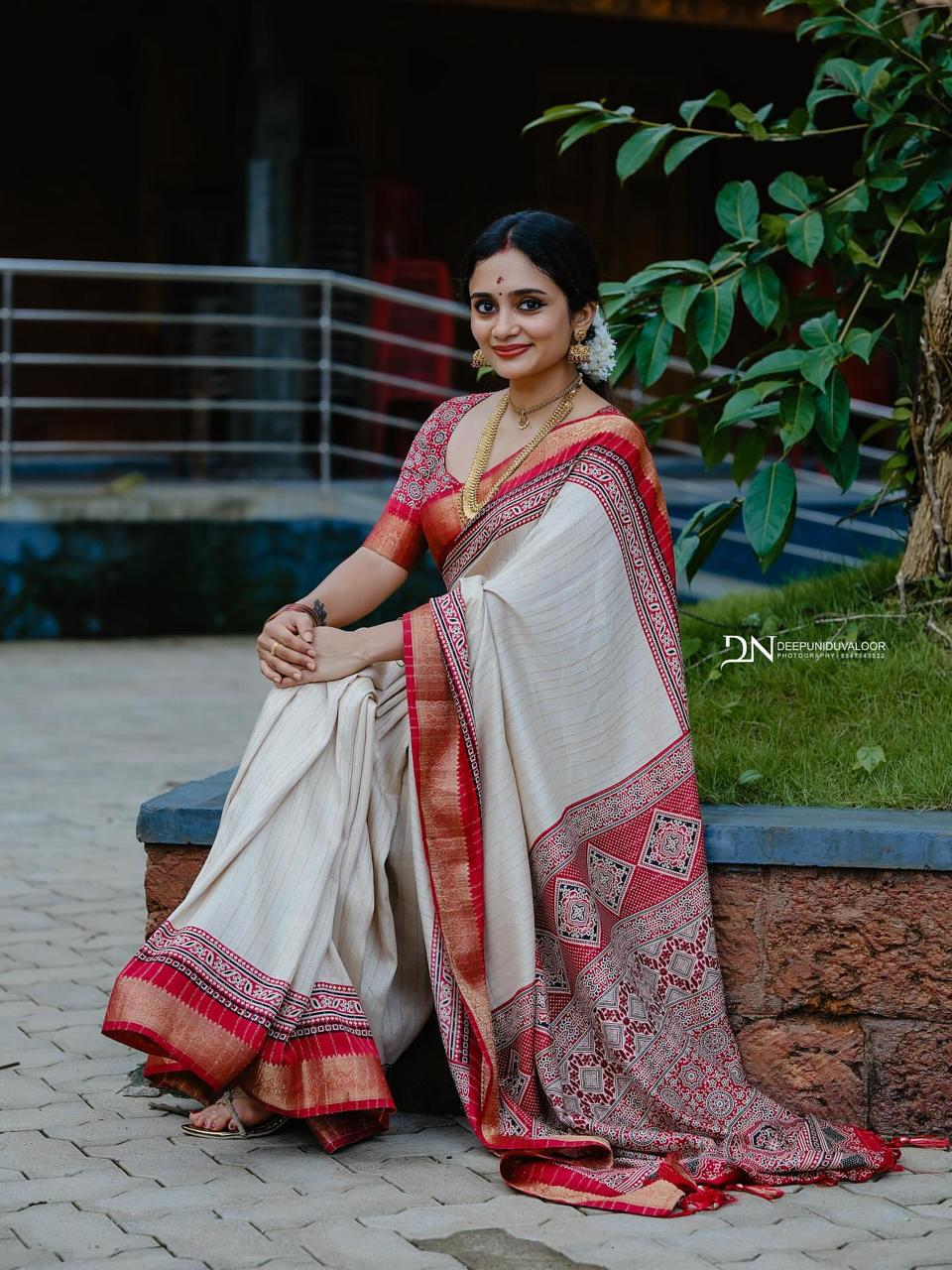 New Semi Gaji Ajrakh Silk Jari Saree with Unstitched Blouse