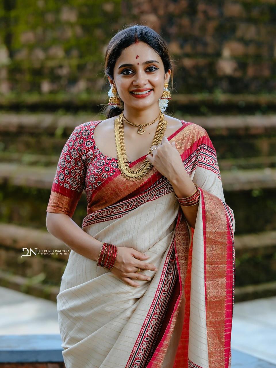 New Semi Gaji Ajrakh Silk Jari Saree with Unstitched Blouse