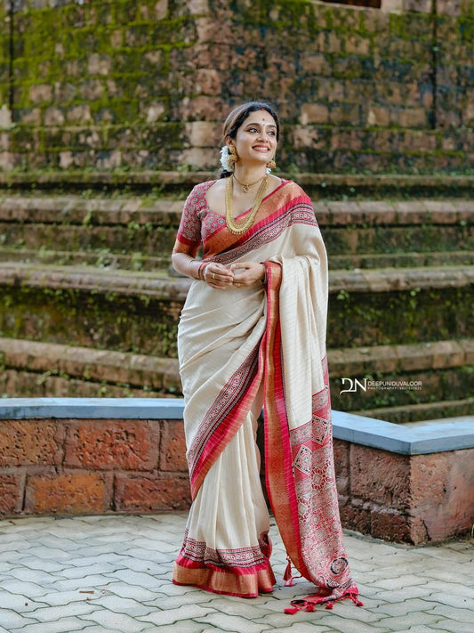 New Semi Gaji Ajrakh Silk Jari Saree with Unstitched Blouse