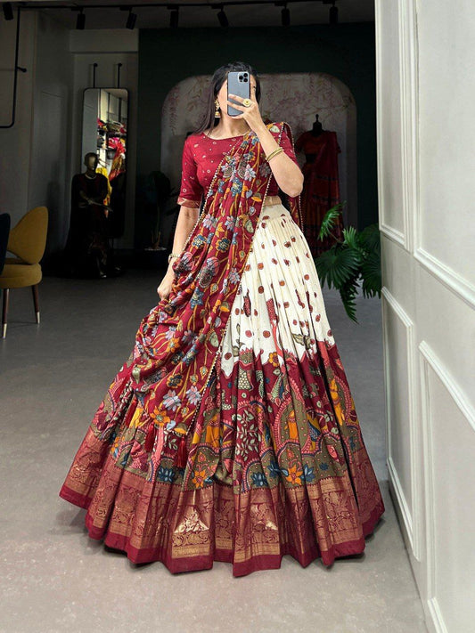 Floral Printed Dola Silk  Stiched Lehenga with Unstitched Blouse And Dupatta