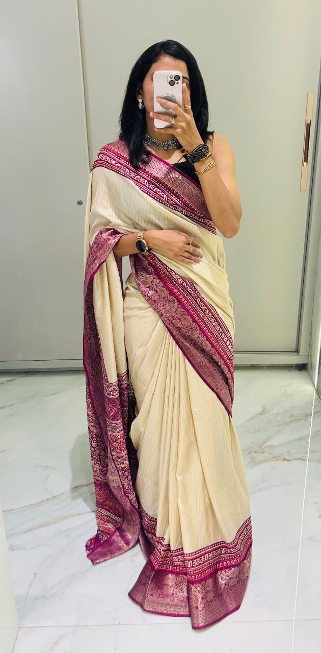 New Semi Gaji Ajrakh Silk Jari Saree with Unstitched Blouse