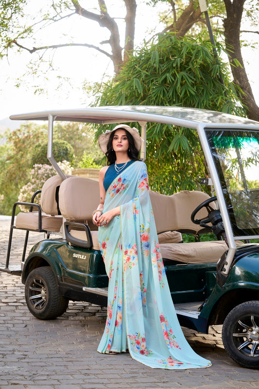 Weightless Marbal Floral Printed Saree With Pearl Lace Border with Unstitched Blouse