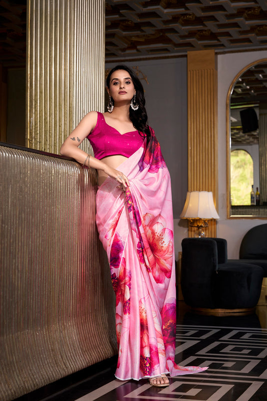 Satin Silk Printed Saree with Unstitched Blouse