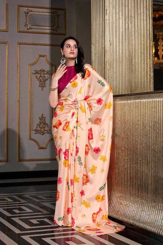 Satin Silk Printed Saree with Unstitched Blouse