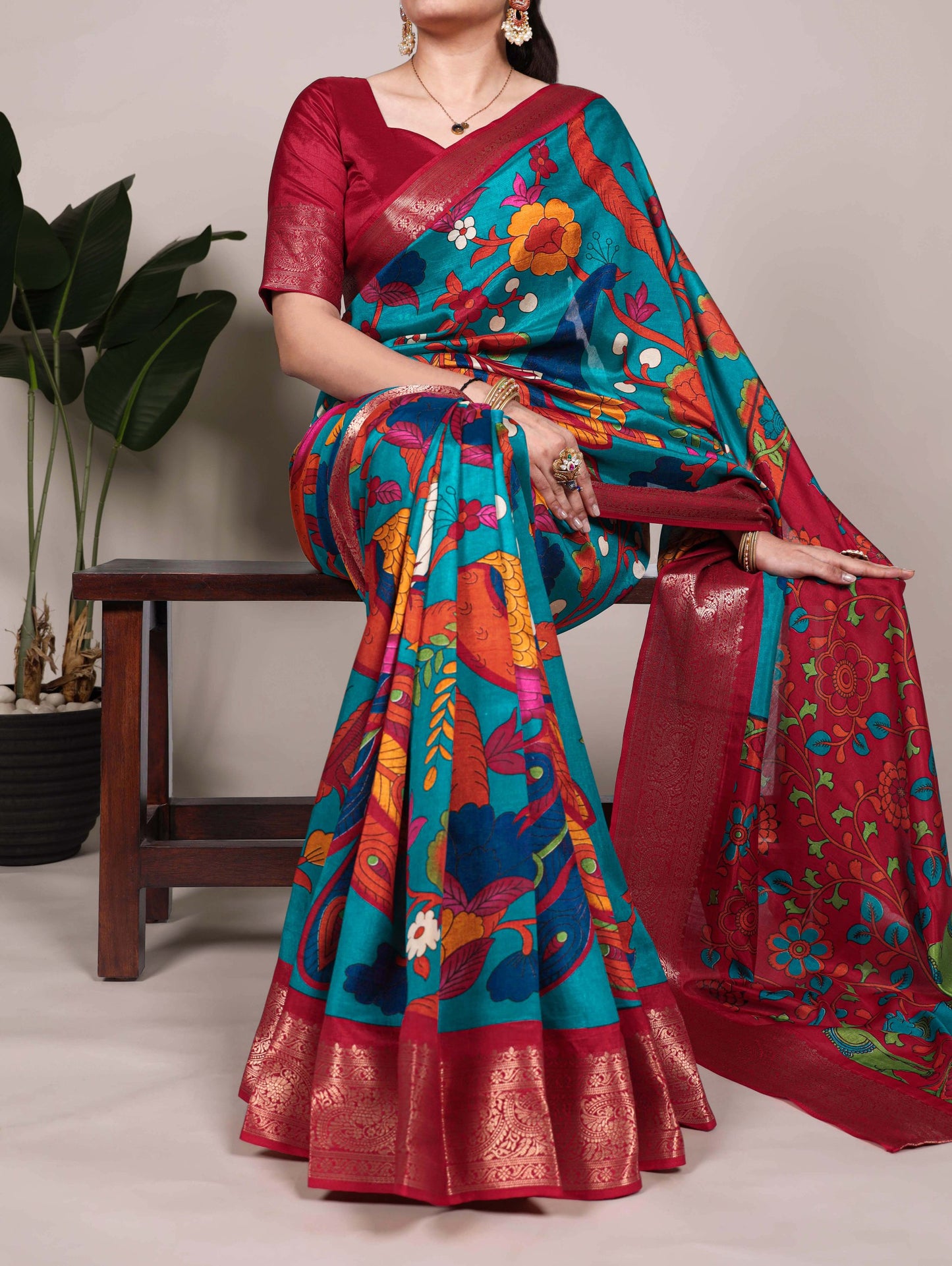 Tussar Silk Printed With Zari Weaving Work with Unstitched blouse