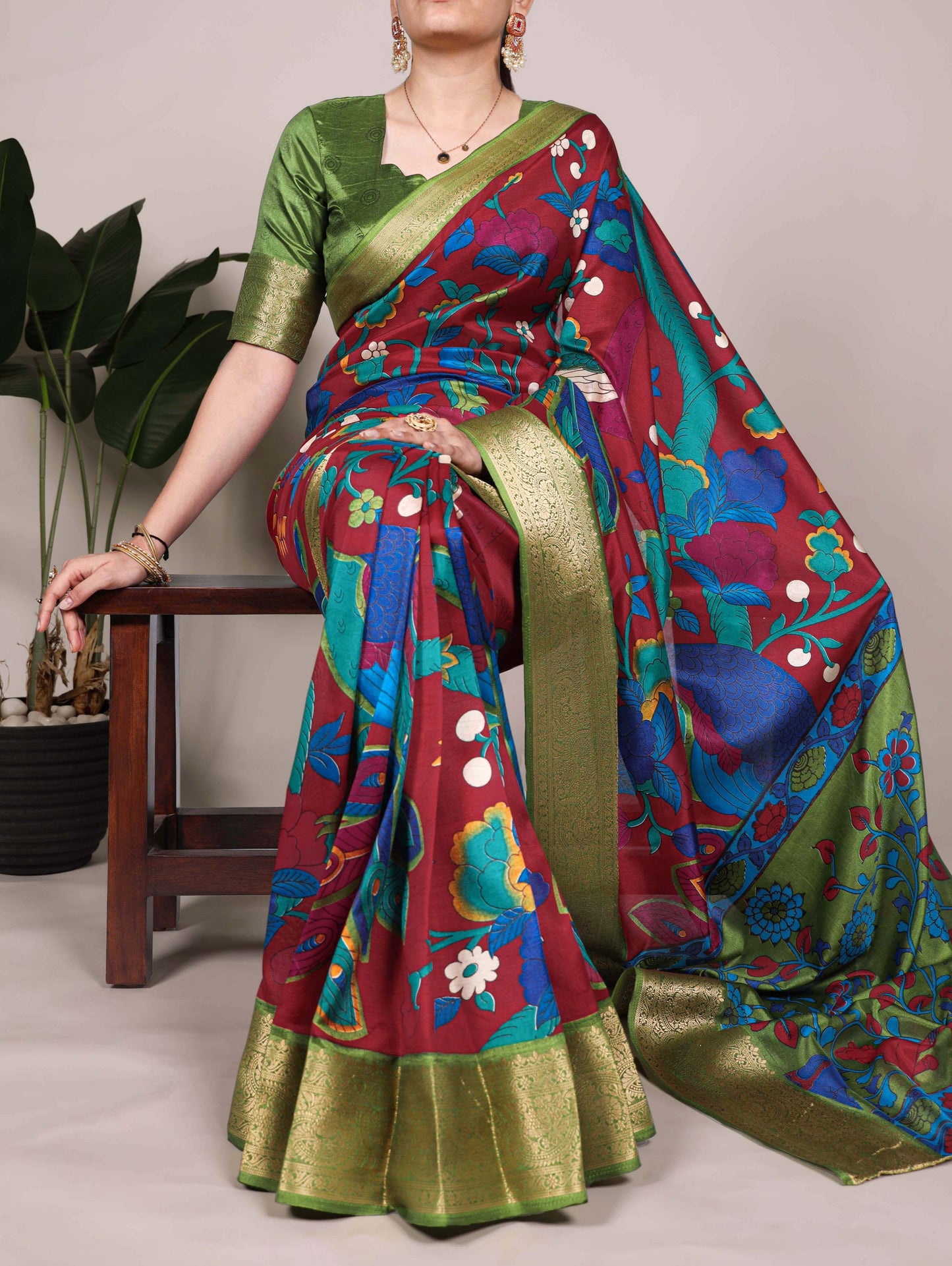 Tussar Silk Printed With Zari Weaving Work with Unstitched blouse