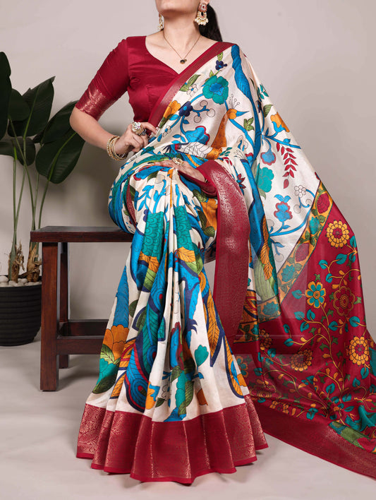 Tussar Silk Printed With Zari Weaving Work with Unstitched blouse