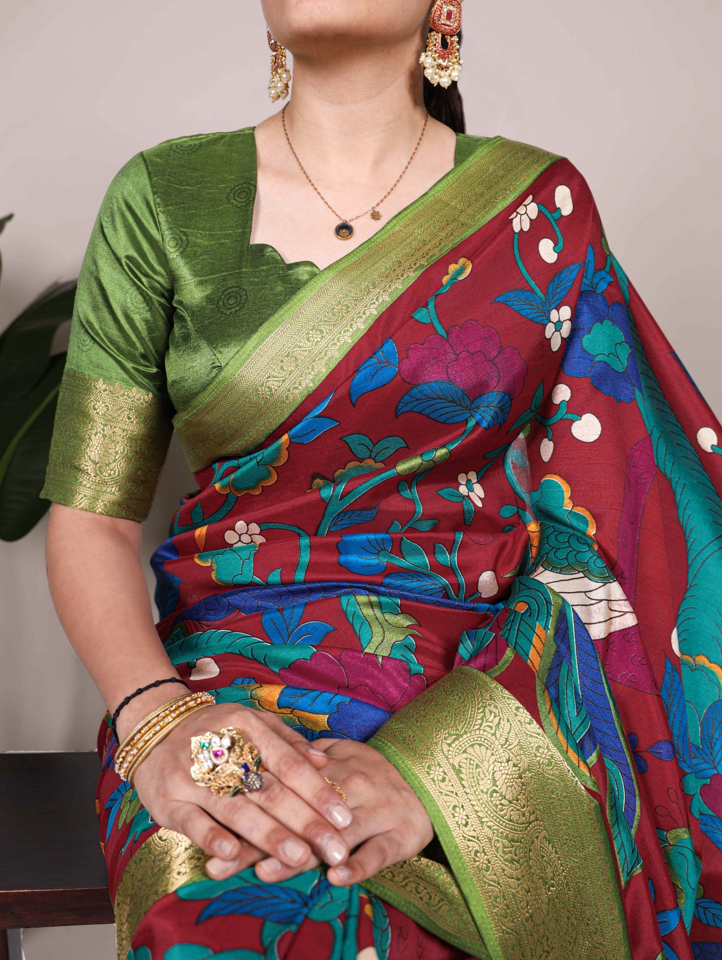 Tussar Silk Printed With Zari Weaving Work with Unstitched blouse