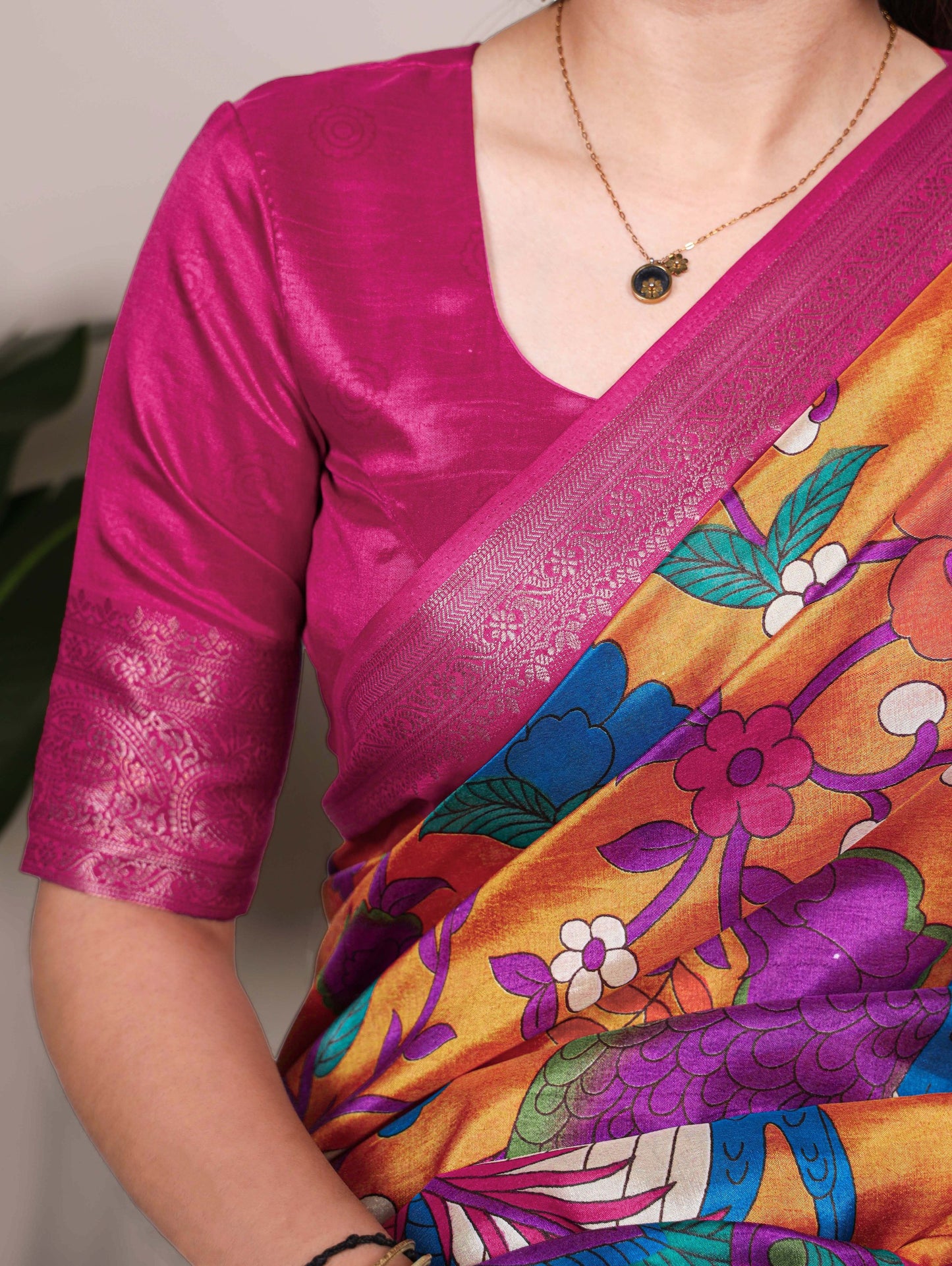 Tussar Silk Printed With Zari Weaving Work with Unstitched blouse