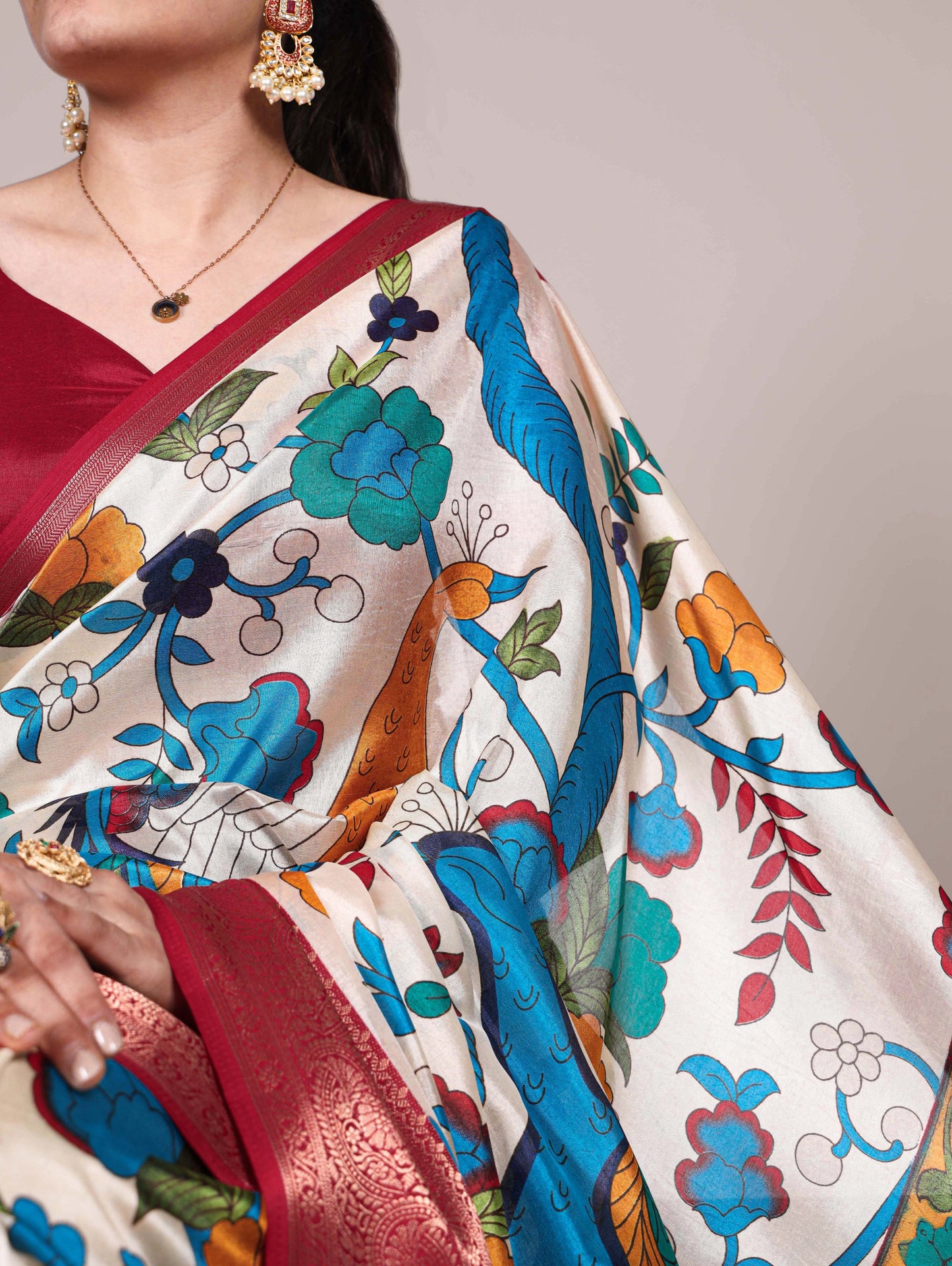 Tussar Silk Printed With Zari Weaving Work with Unstitched blouse