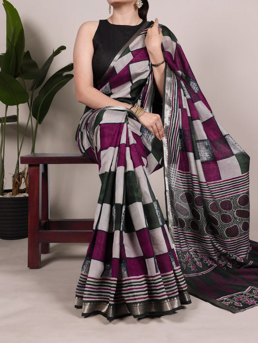 Polyester Viscose Chanderi Saree Printed With Temple Border with Unstitched Blouse