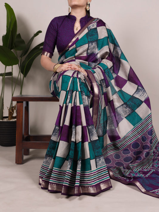 Polyester Viscose Chanderi Saree Printed With Temple Border with Unstitched Blouse