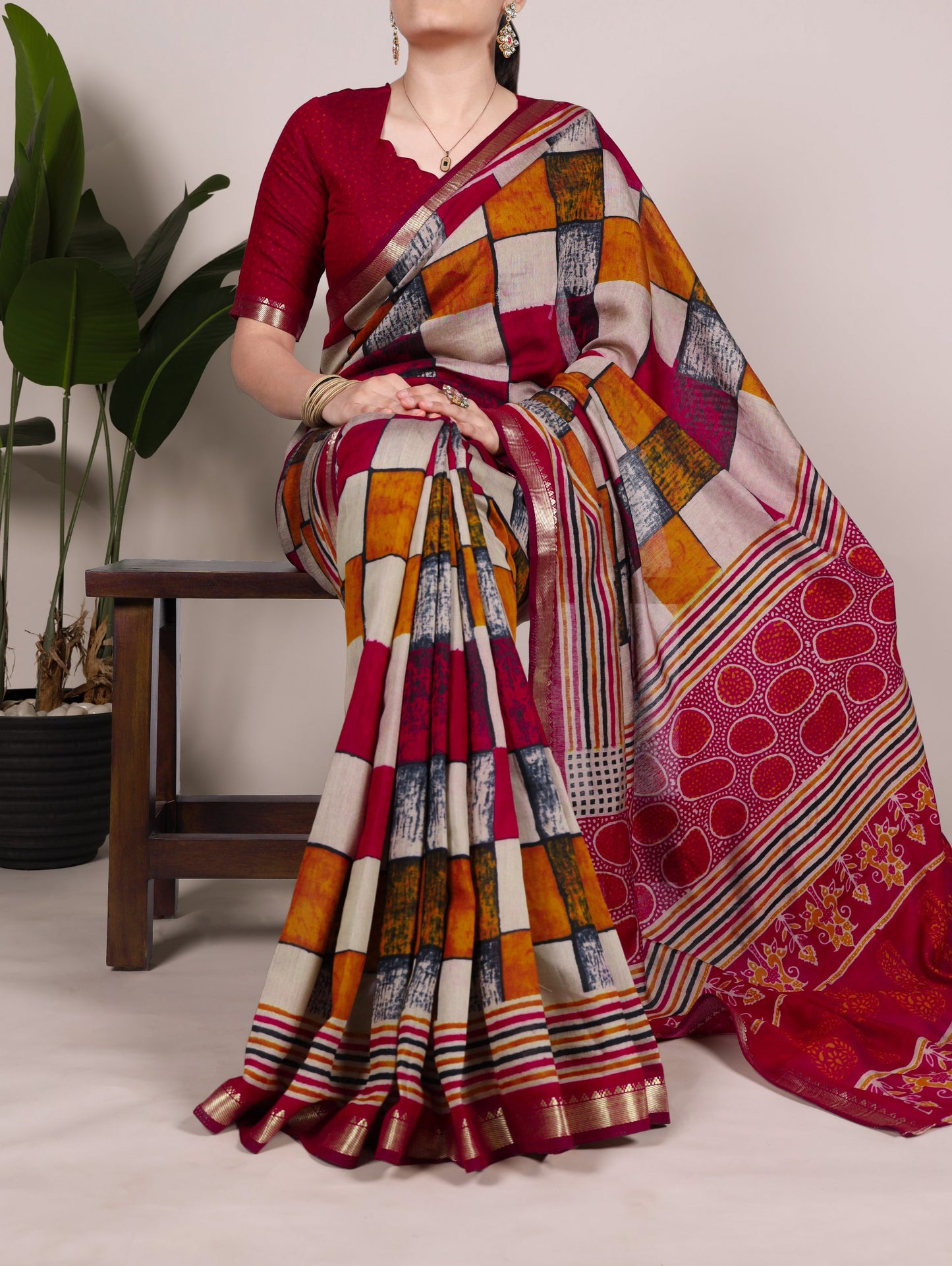 Polyester Viscose Chanderi Saree Printed With Temple Border with Unstitched Blouse