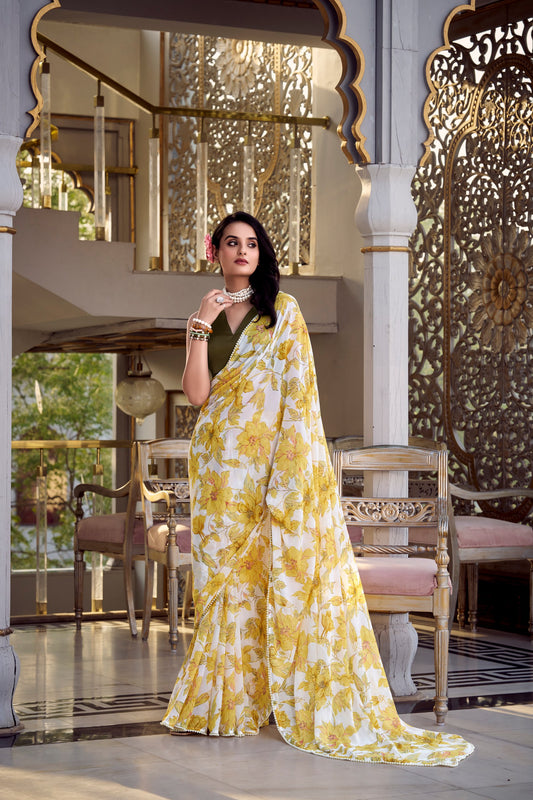 Weightless Marbal Foral Print Saree With Pearl Lace Border with Unstitched Blouse