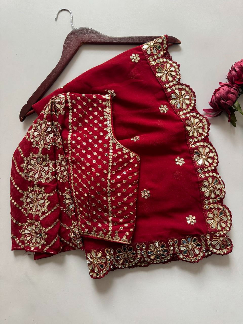 Faux Georgette Red Saree, Full of Original Mirror work with Stitched Blouse