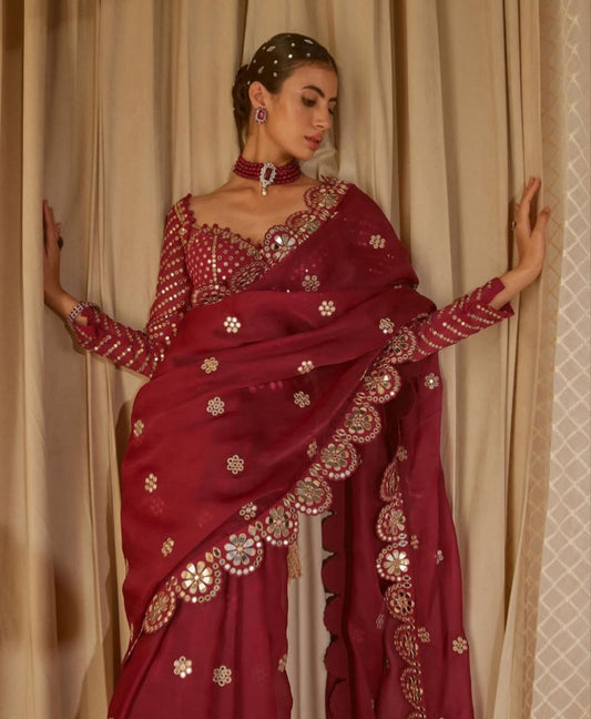 Faux Georgette Red Saree, Full of Original Mirror work with Stitched Blouse