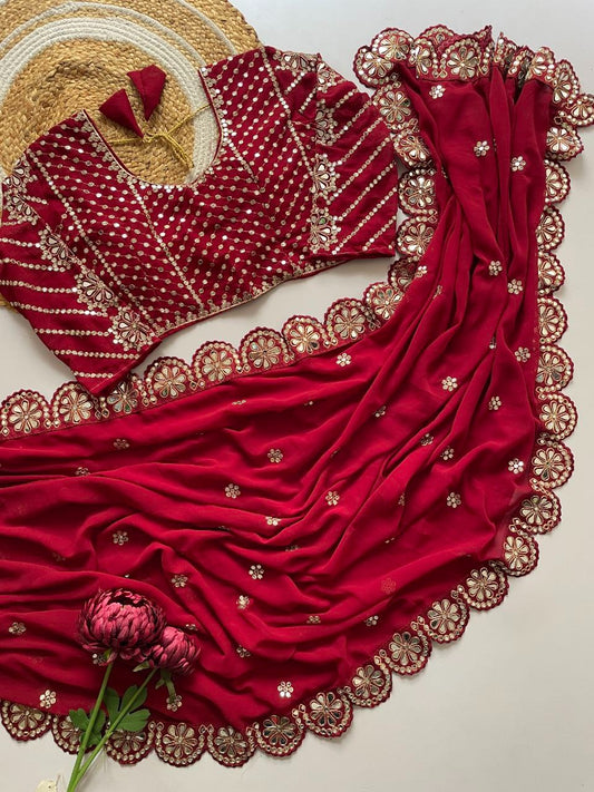 Faux Georgette Red Saree, Full of Original Mirror work with Stitched Blouse