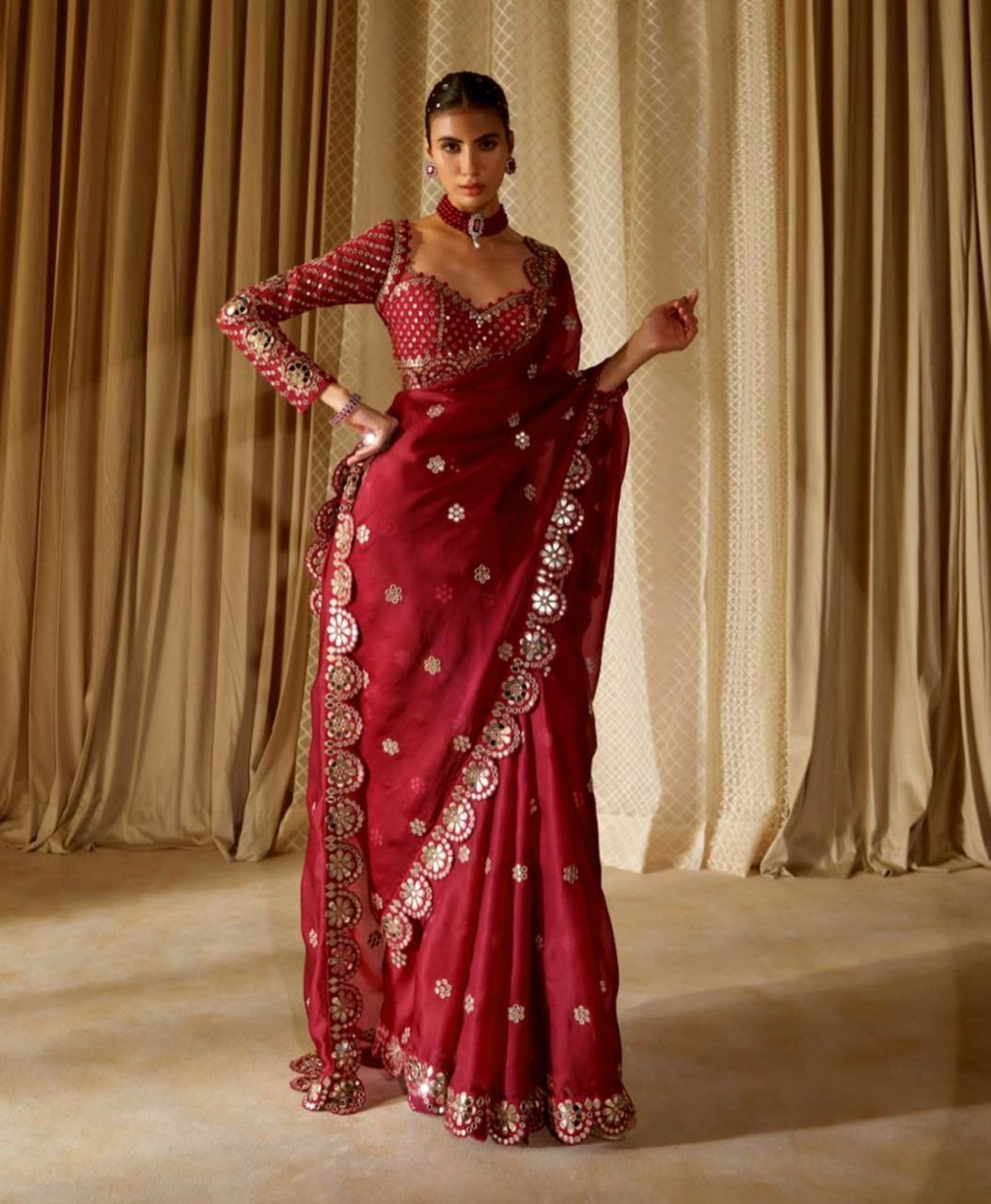 Faux Georgette Red Saree, Full of Original Mirror work with Stitched Blouse